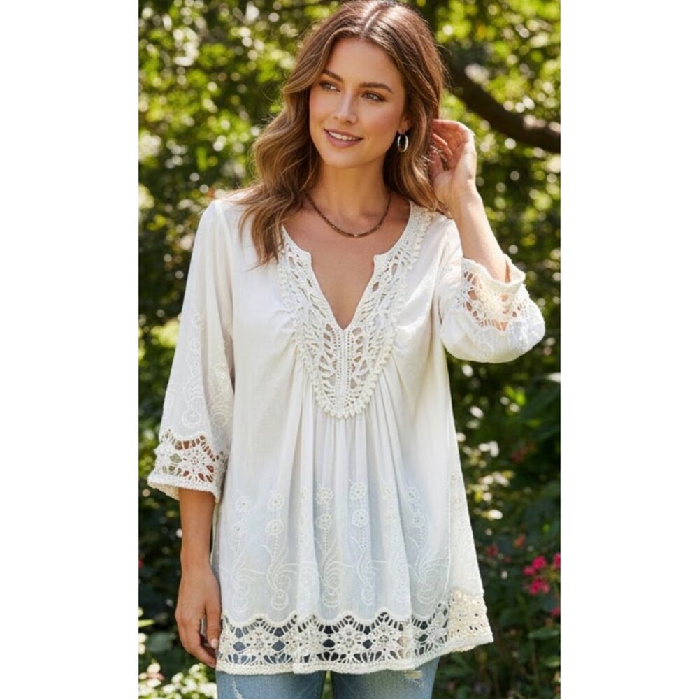 Forgotten Grace Ivory Embroidered Crochet Tunic Top V-Neck 3/4Sleeve Size Large
